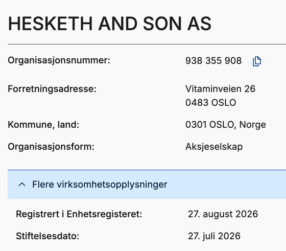Cropped screenshot of the register entry for Hesketh and Son AS