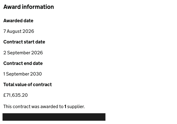 Cropped screenshot of a Contracts Finder award notice, supplier name covered